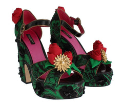 Dolce & Gabbana Green Brocade Snakeskin Roses Crystal Shoes - EU35/US4.5 - Sandals