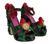Dolce & Gabbana Green Brocade Snakeskin Roses Crystal Shoes - EU35/US4.5