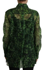 Dolce & Gabbana Green Clover Print Long Sleeves Collared Top Blouse - IT38 | XS - Blouses