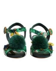Dolce & Gabbana Green Crystal Fur Embellished Sandals Shoes - EU36.5/US6