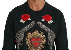 Dolce & Gabbana Green Crystal Heart Roses Gun Sweater - Sweaters