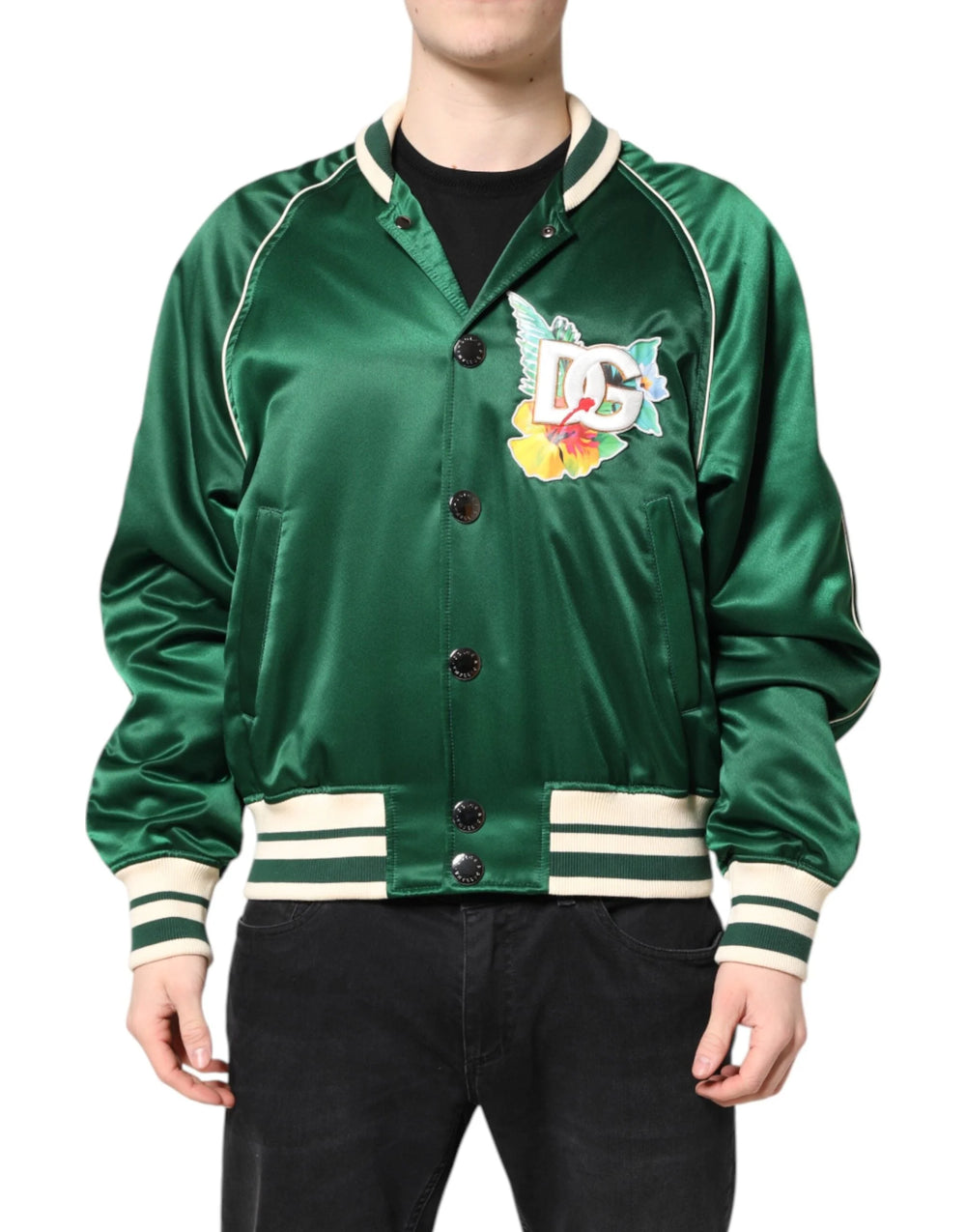 Dolce & Gabbana Green Floral DG Logo Full Zip Bomber Jacket - Bomber Jackets