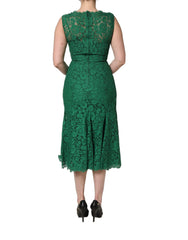 Dolce & Gabbana Grünes Blumen-Spitzenkleid aus Baumwolle, ärmellos, Midikleid