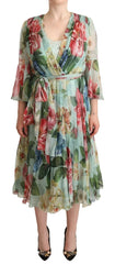 Dolce & Gabbana Green Floral Long Sleeves V-neck Midi Dress - Dresses