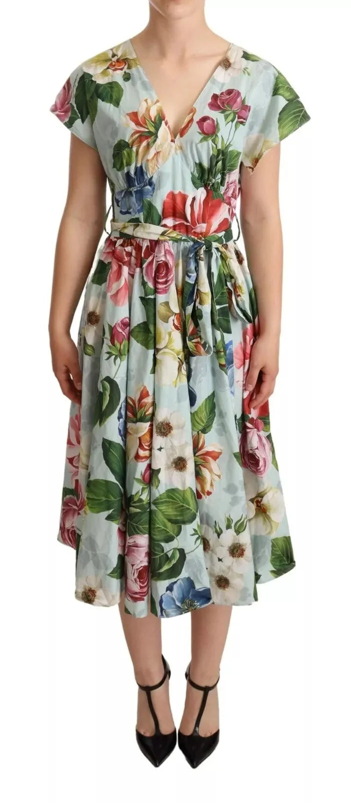 Dolce & Gabbana Green Floral Short Sleeves Cotton V-neck Dress - Dresses