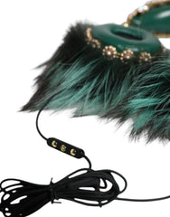 Dolce & Gabbana Green Gold Crystal Fur Headset Audio AUX Headphones - Headsets