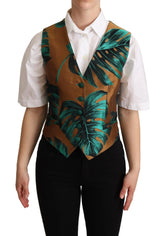 Dolce & Gabbana Green Jacquard Leaf Gold Waistcoat Vest - Vests