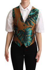 Dolce & Gabbana Green Jacquard Leaf Gold Waistcoat Vest - Vests