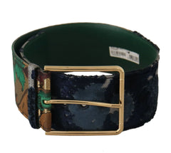 Dolce & Gabbana Green Jaquard Embroid Leather Gold Metal Belt - 70 cm / 28 Inches - Belts
