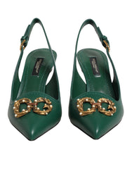Dolce & Gabbana Green Leather AMORE Heels Slingbacks Shoes - EU35/US4.5 - Heels