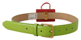 Ceinture Dolce & Gabbana Devotion en cuir vert avec un micro sac pour écouteurs, vue de face.
