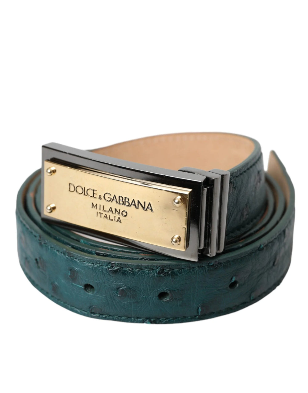 Dolce & Gabbana Green Leather Gold Logo Engraved Buckle Belt - 90 cm / 36 Inches - Belts