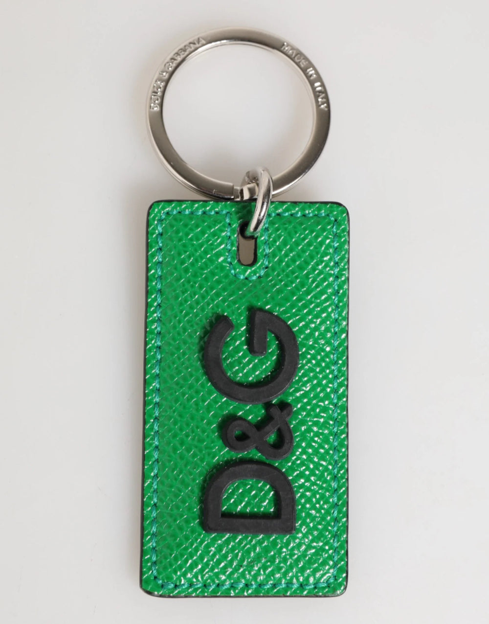 Dolce & Gabbana Green Leather Logo Metal Ring Keychain Holder Men Keyring - Keychains