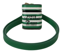 Dolce & Gabbana Green Leather Strap Gold Metal Logo Airpods Case - Headphone Carrying Cases