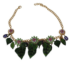 Dolce & Gabbana Green Leaves Gold Brass Crystal Flower Pendant Necklace - Necklaces
