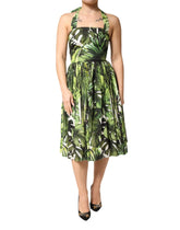 Dolce & Gabbana Green Leaves Print Cotton Halter Midi Dress - IT38 | XS
