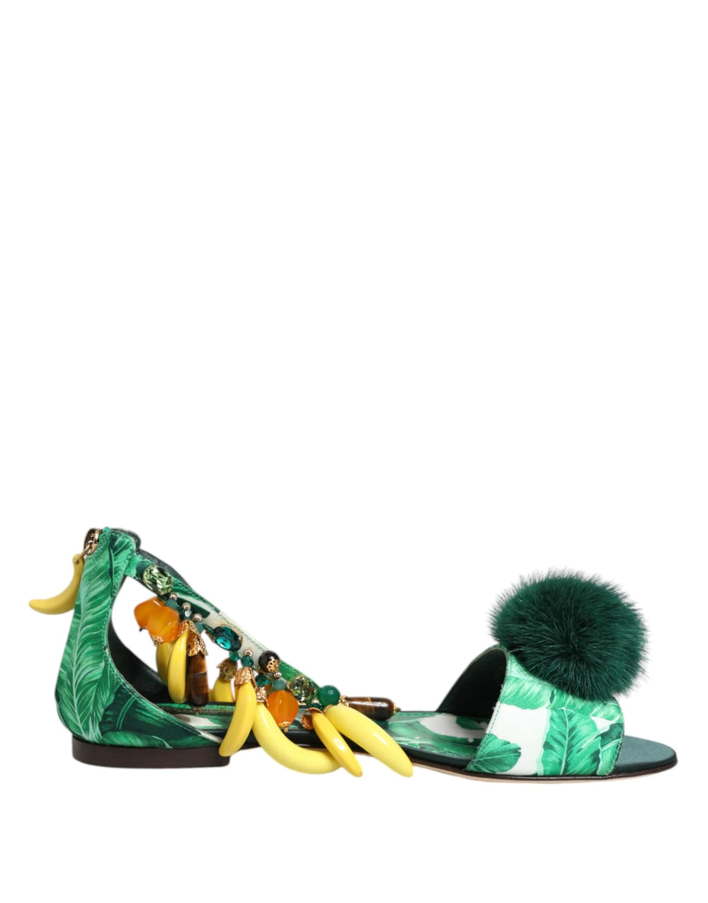 Dolce & Gabbana Green Mink Fur Satin Banana Leaf Sandals Shoes - Sandals