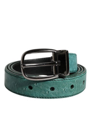 Dolce & Gabbana women's belt in vibrant green ostrich leather with a polished silver-tone metal buckle.