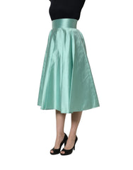 Dolce & Gabbana Green Satin High-Waisted Pleated A-line Midi Skirt