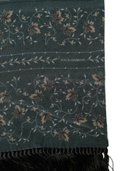 Dolce & Gabbana Green Silk Floral Pattern Fringed 135cm X 16cm Scarf