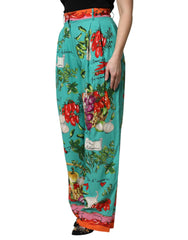 Dolce & Gabbana Green Silk Printed Straight Pants - Trousers
