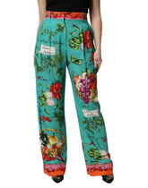 Dolce & Gabbana Green Silk Printed Straight Pants - Trousers