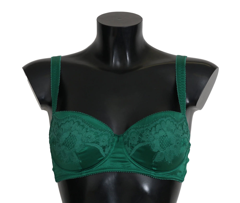 Dolce & Gabbana Green Silk Stretch Floral Lace Bra Underwear - Bras