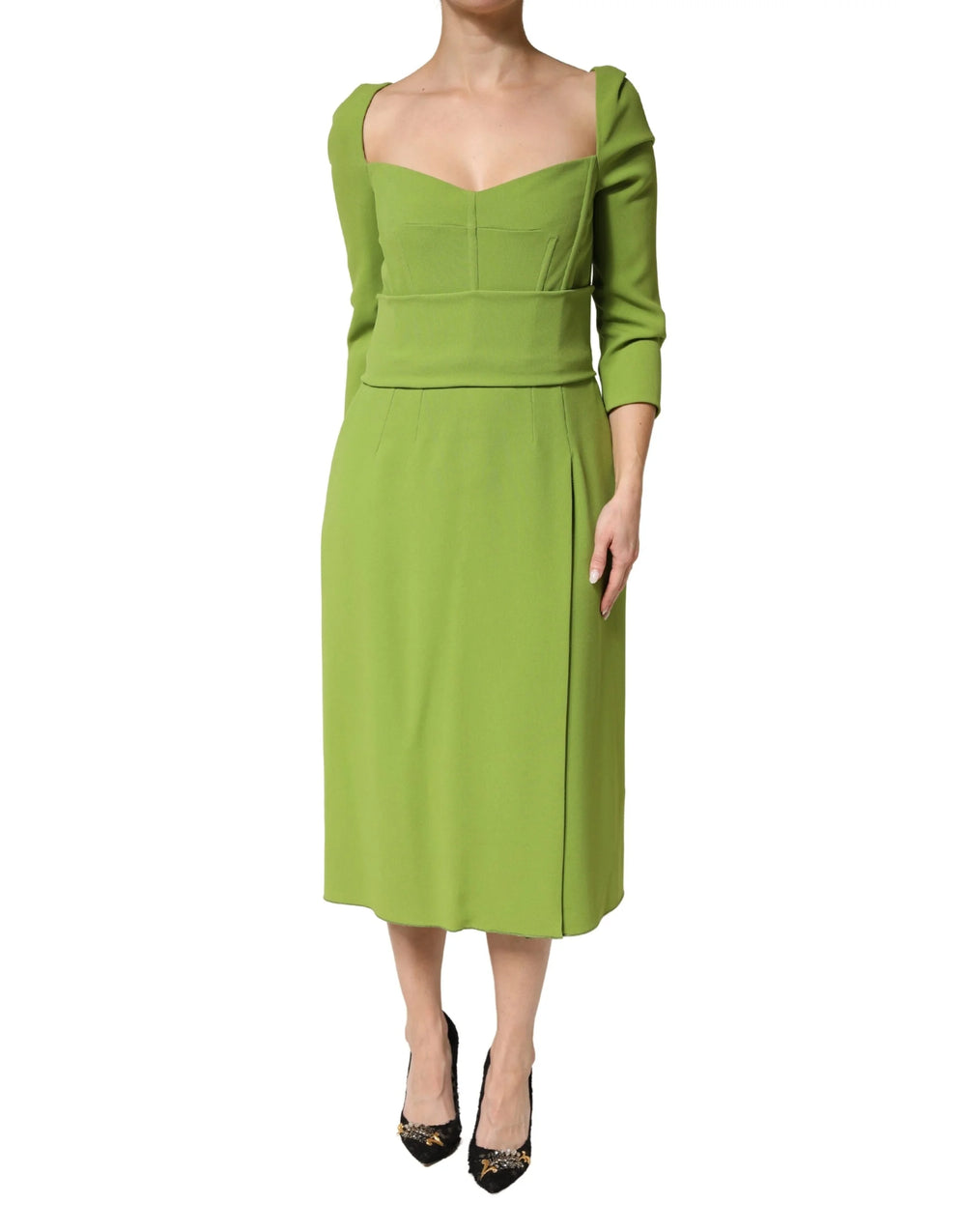 Dolce & Gabbana Green Silk Sweetheart Neckline Midi Dress - IT46|XL