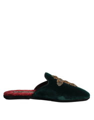 Dolce & Gabbana Green Velvet Cross Embellished Slippers Shoes - Flats