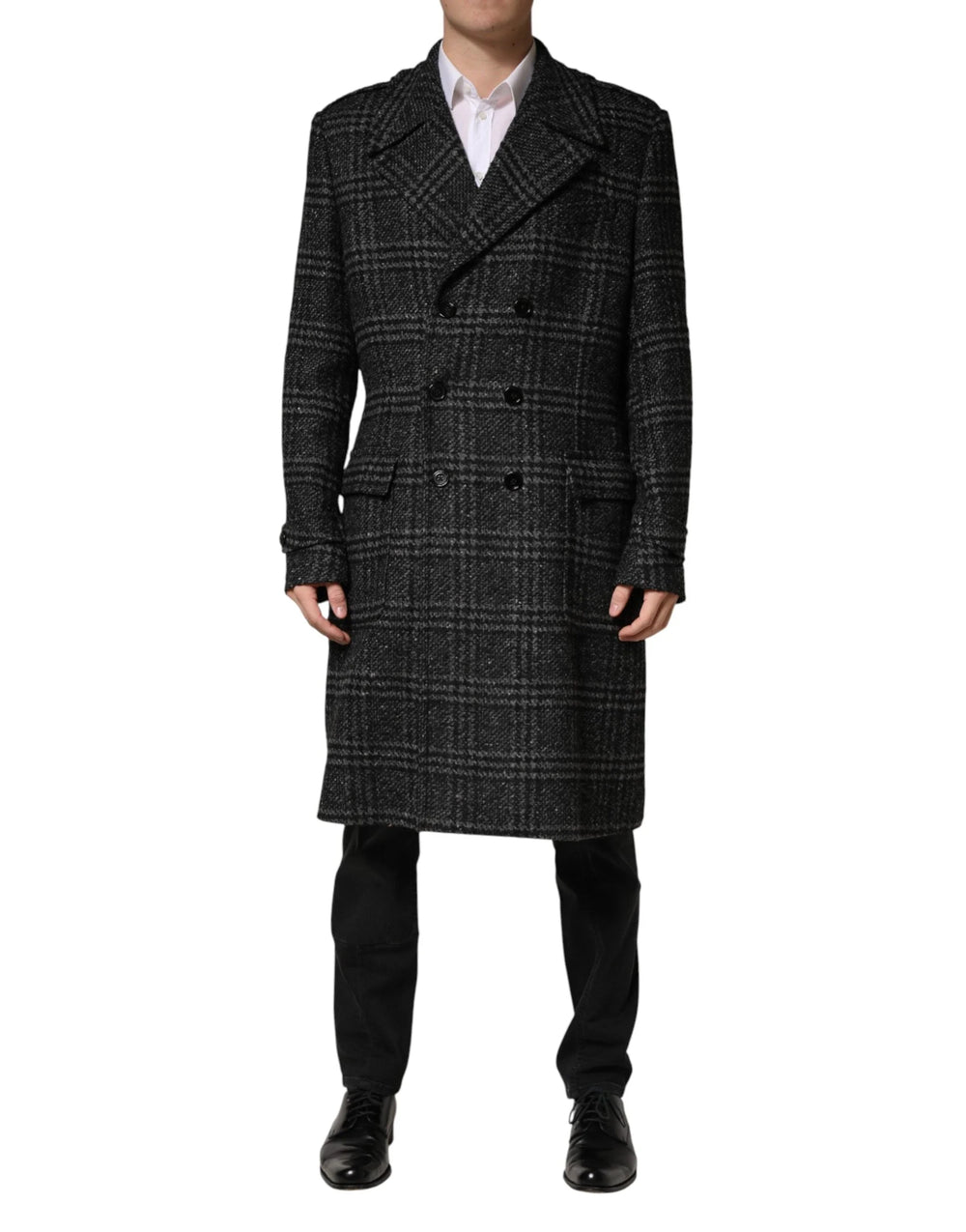 Dolce & Gabbana Grey Double Breasted Plaid Wool Coat Jacket - IT52 | XL