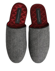 Dolce & Gabbana Grey Herringbone Cashmere Red Slippers Shoes