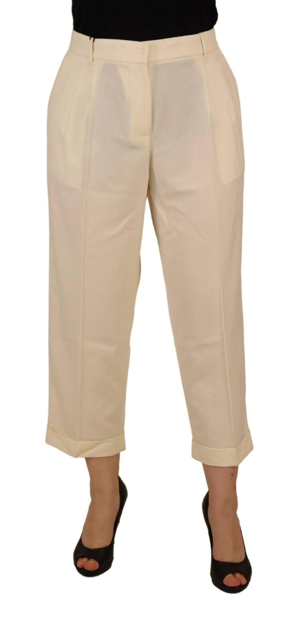 Dolce & Gabbana Ivory High Waist Cropped Folded Hem Trousers Pants - IT50 | XXL - Trousers