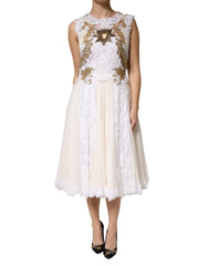Dolce & Gabbana Ivory Lace Silk Embellished Sleeveless Dress - IT46|XL