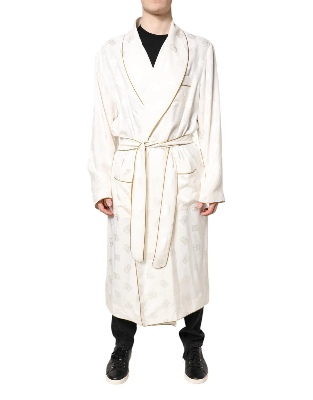 Dolce & Gabbana Ivory Silk Logo Men Wrap Robe Coat Jacket - IT52 | XL - Robes