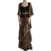 Dolce & Gabbana Leopard Print Silk Sequin Ruffle Maxi Dress - IT44 | L - Dresses