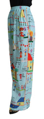 Dolce & Gabbana Light Blue Drawing Mid Waist Wide Leg Pants - IT38|XS - Pants