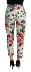 Dolce & Gabbana Light Blue Fiori Print Cotton Trouser Tapered Pants - IT36 | XS - Trousers