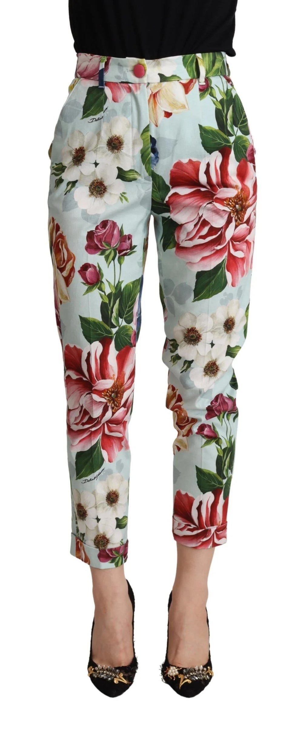 Dolce & Gabbana Light Blue Fiori Print Cotton Trouser Tapered Pants - IT36 | XS - Trousers