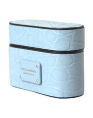 Dolce & Gabbana Light Blue Leather Metal Logo Plaque Airpods Case - Headphone Carrying Cases