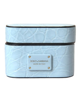Dolce & Gabbana Light Blue Leather Metal Logo Plaque Airpods Case - Headphone Carrying Cases