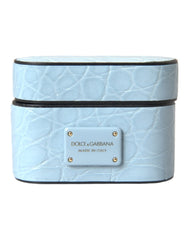 Dolce & Gabbana Light Blue Leather Metal Logo Plaque Airpods Case - Headphone Carrying Cases