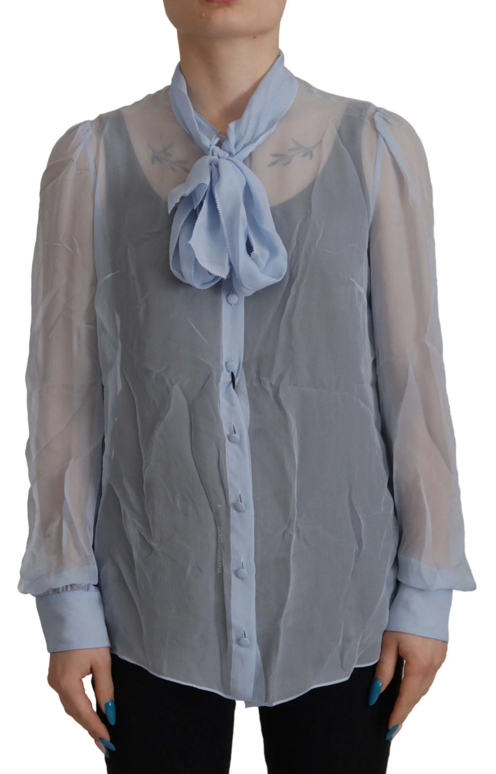 Dolce & Gabbana Light Blue Silk Ascot Collar Long Sleeves Top - IT40|S - Blouses