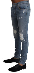 Dolce & Gabbana Light Blue Tattered Cotton Denim Skinny Jeans - IT44 | XS - Jeans