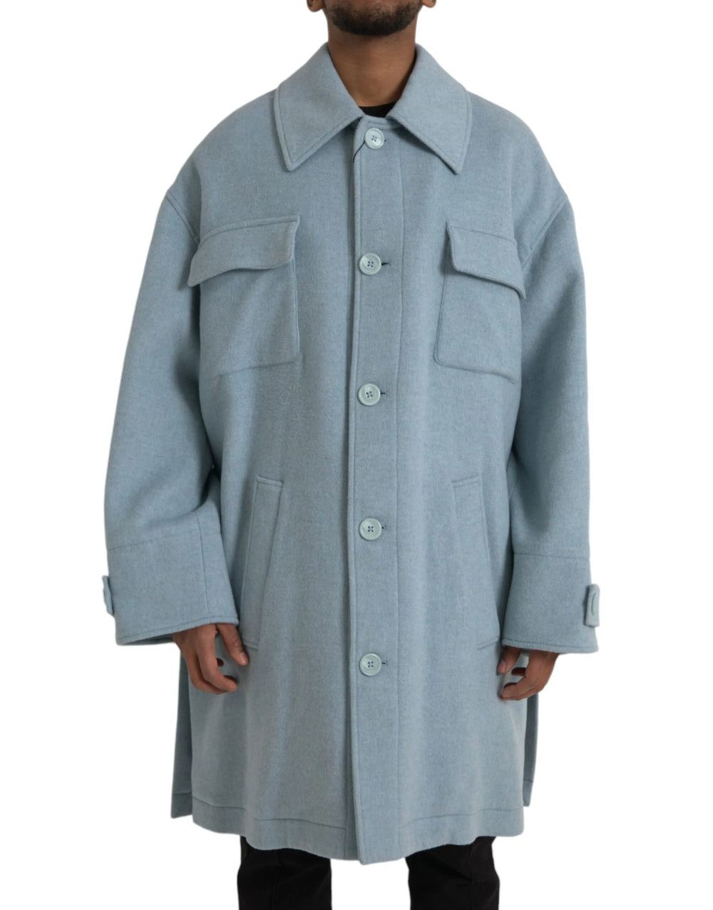 Dolce & Gabbana Light Blue Wool Button Trench Coat Jacket - IT52 | XL - Trench Coats