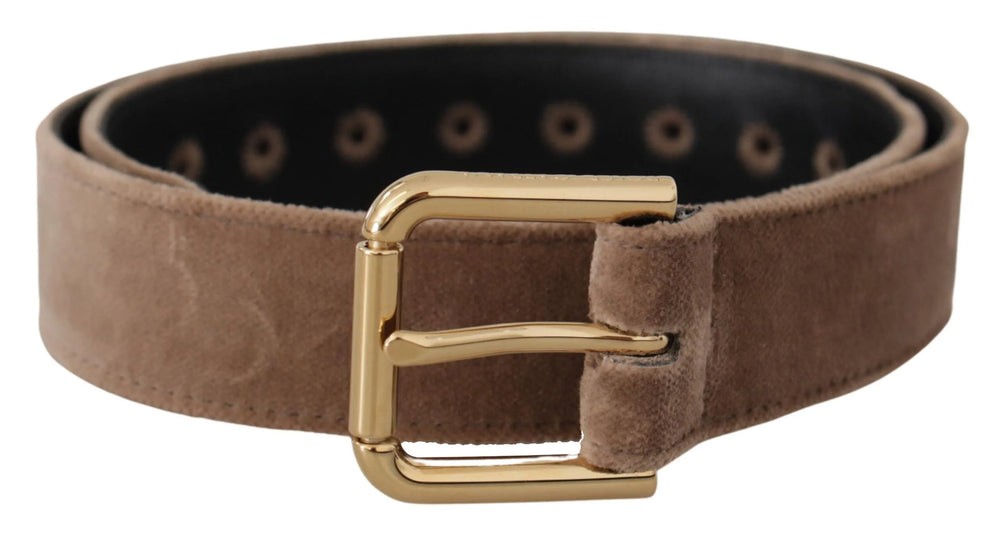 Dolce & Gabbana Light Brown Velvet Gold Tone Logo Metal Buckle Belt - 65 cm / 26 Inches - Belts