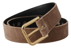 Dolce & Gabbana Light Brown Velvet Gold Tone Logo Metal Buckle Belt - 65 cm / 26 Inches - Belts