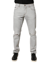 Dolce & Gabbana Light Gray Ripped Cotton Regular Denim Jeans - IT48 | M