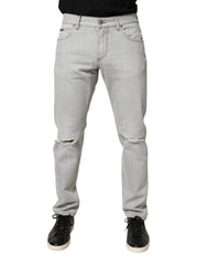 Dolce & Gabbana Light Gray Ripped Cotton Regular Denim Jeans - IT48 | M