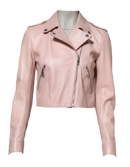 Dolce & Gabbana Light Pink Collar Leather Women Biker Jacket - IT38 | XS - Bomber Jackets