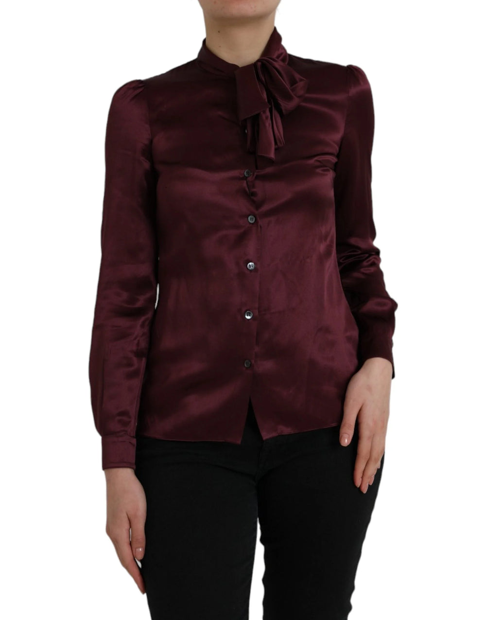 Dolce & Gabbana Maroon Ascot Collar Long Sleeve Top Blouse - IT36 | XS - Blouses